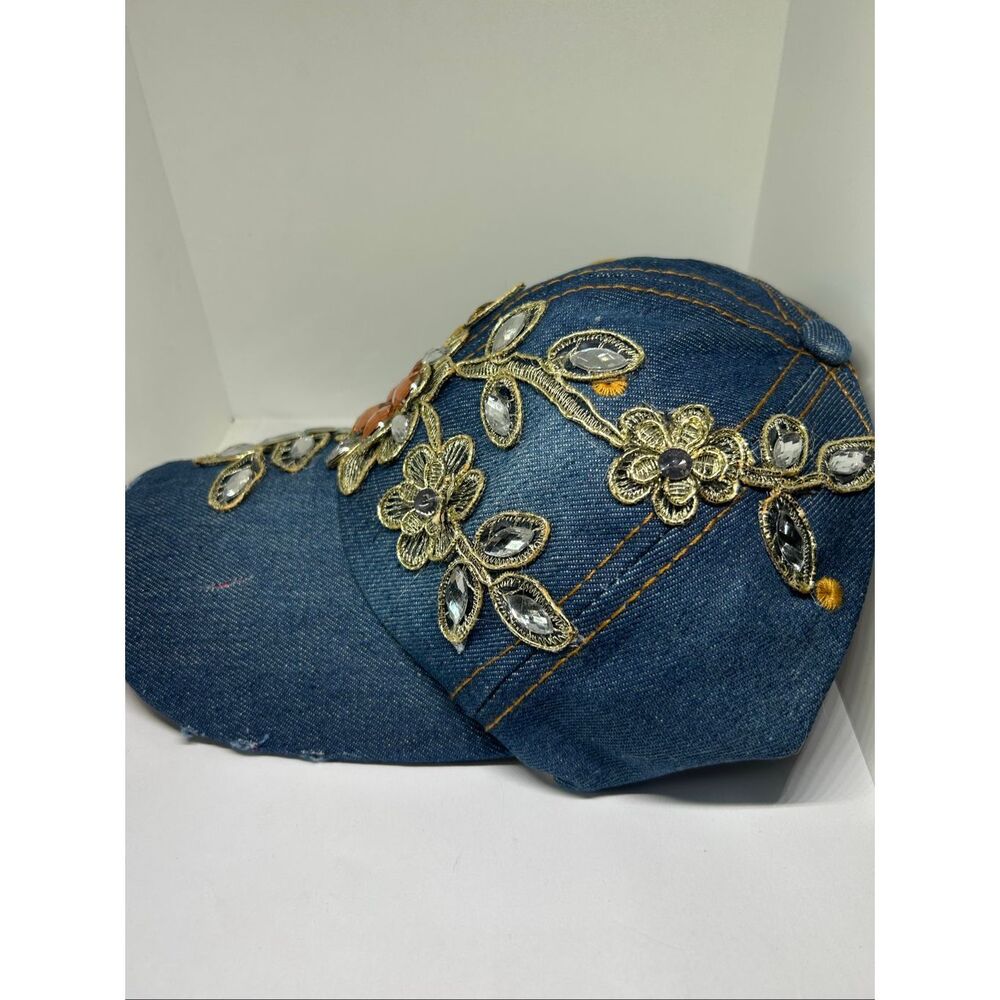 Floral Rhinestone Embellished Denim Baseball Cap Adjustable Hat NWT - Picture 3 of 4